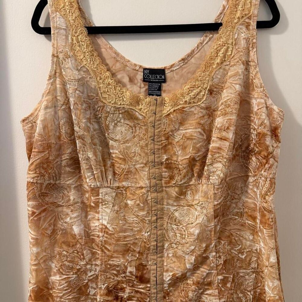 Vintage Y2K Ny-collection Women's Tan and Gold Burnt out Velvet Cami size 1x